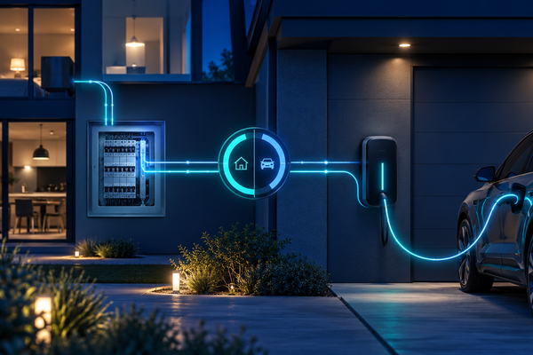 Borne de recharge avec délestage dynamique entre une maison, un tableau électrique et un véhicule