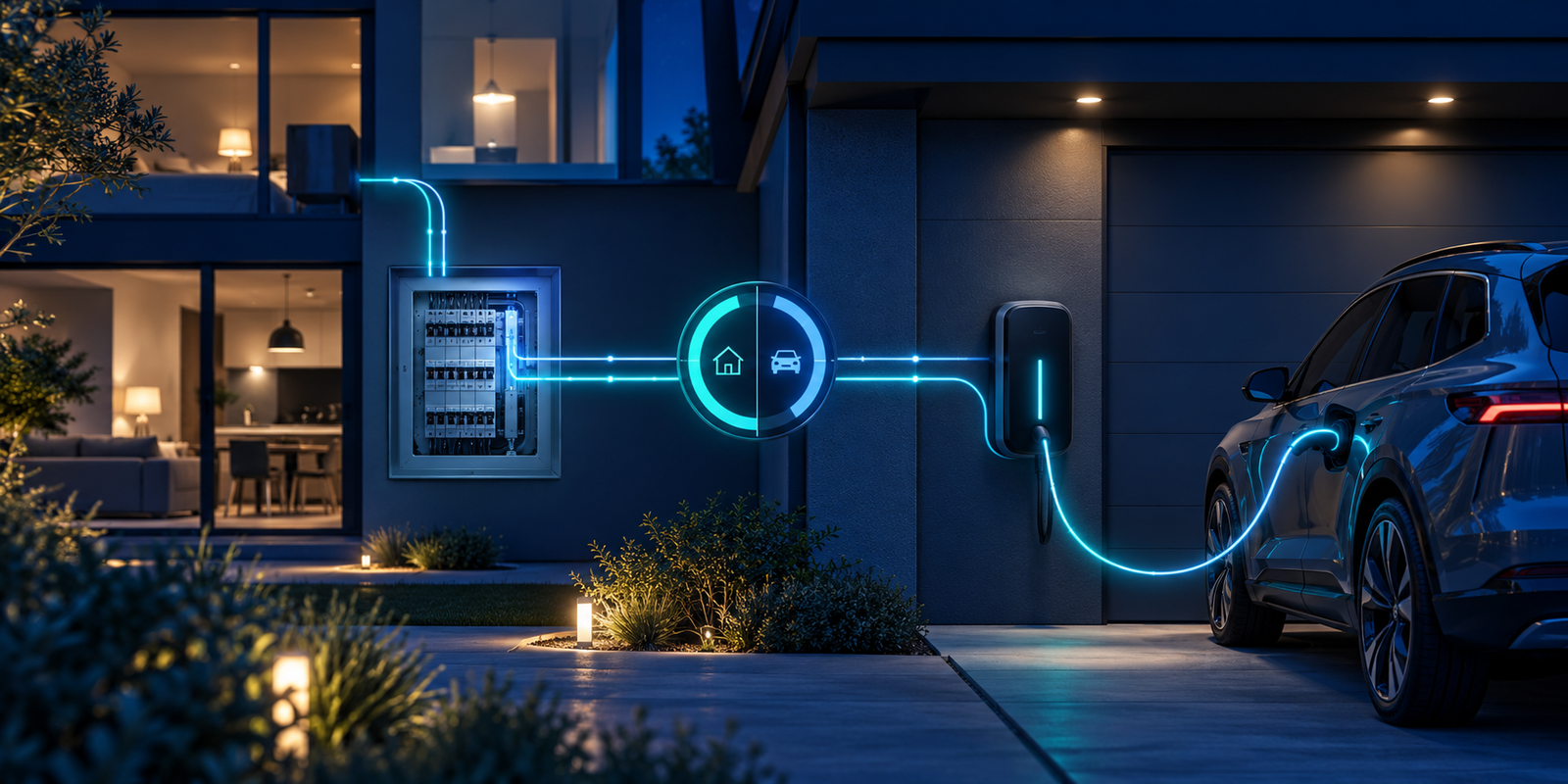Borne de recharge avec délestage dynamique entre une maison, un tableau électrique et un véhicule