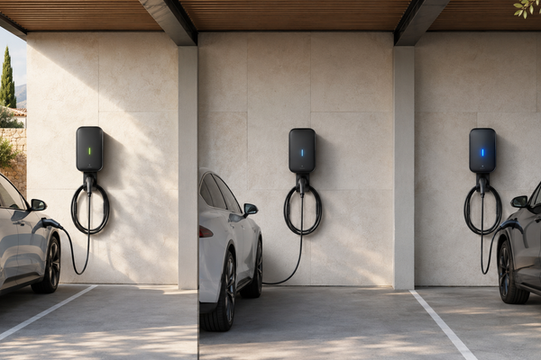 Trois bornes de recharge illustrant les puissances 7,4 kW, 11 kW et 22 kW