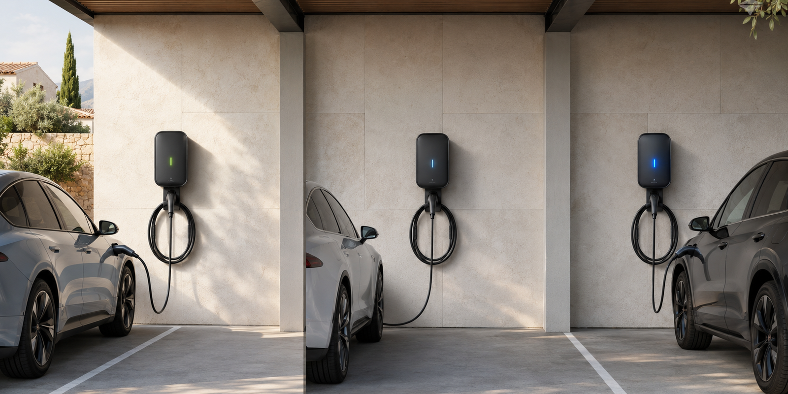 Trois bornes de recharge illustrant les puissances 7,4 kW, 11 kW et 22 kW
