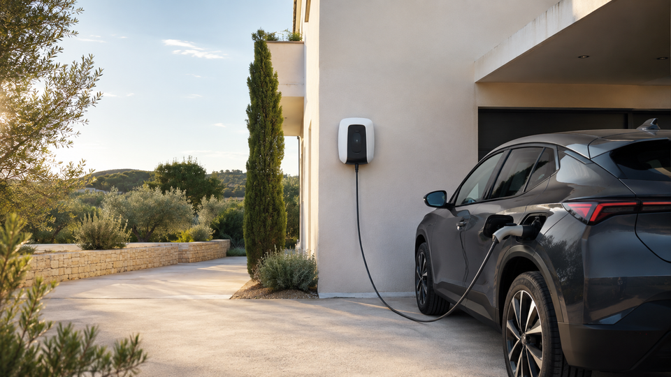 Véhicule électrique connecté à une borne de recharge devant une maison dans le Var
